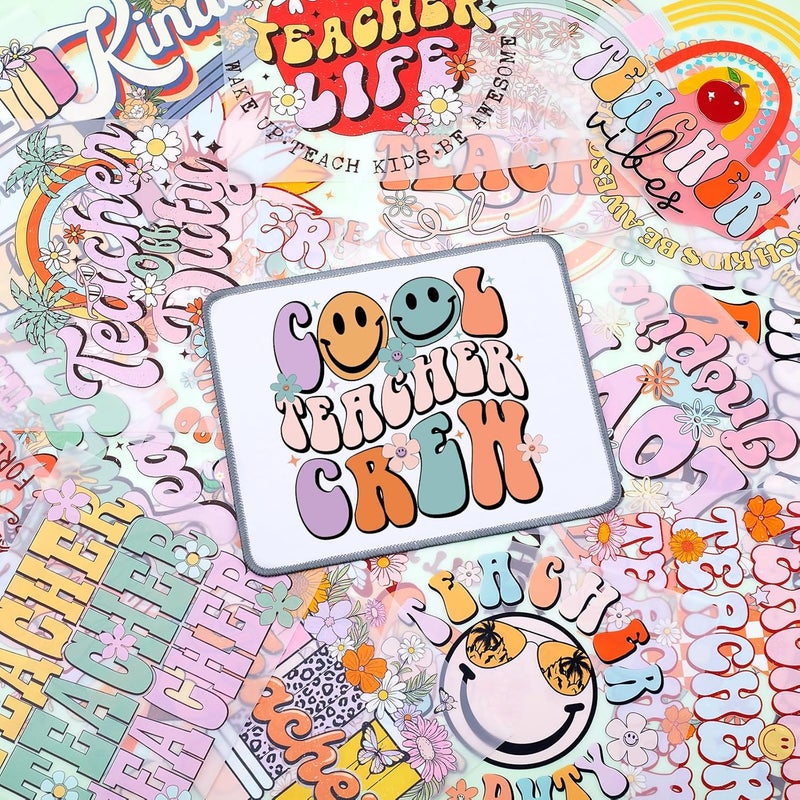 HTVSTD 32 Sheets Teacher Day Iron on Transfers DTF Transfers Ready to Press Retro Teacher Iron on Decals for T-Shirts Flower Heat Transfer Vinyl Iron on Decals for DIY Patches Decals - Image 4